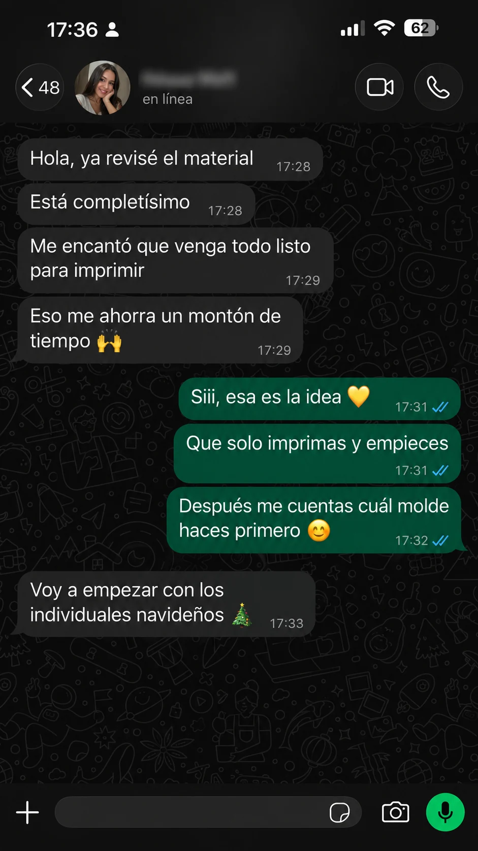 Conversación de WhatsApp de una artesana que vende sus piezas · Testimonio 2