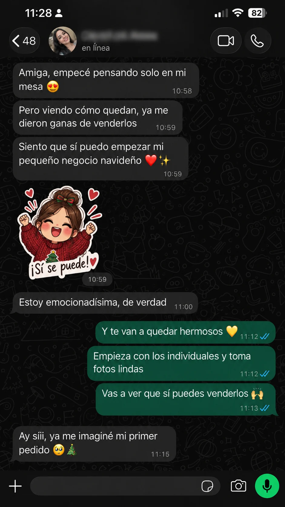 Conversación de WhatsApp de una artesana que vende sus piezas · Testimonio 3