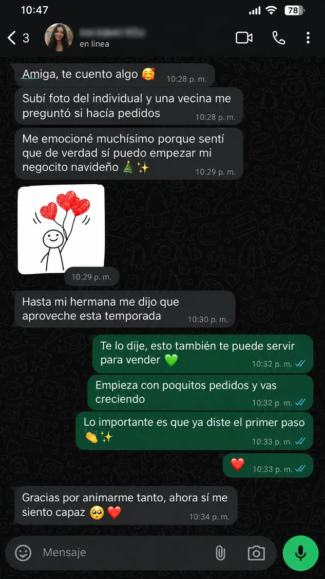 Conversación de WhatsApp de una artesana que vende sus piezas · Testimonio 4