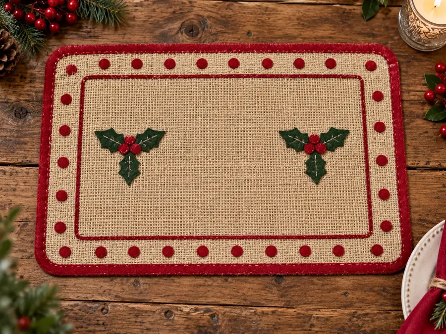 Mantel individual rectangular de yute con acebos en fieltro