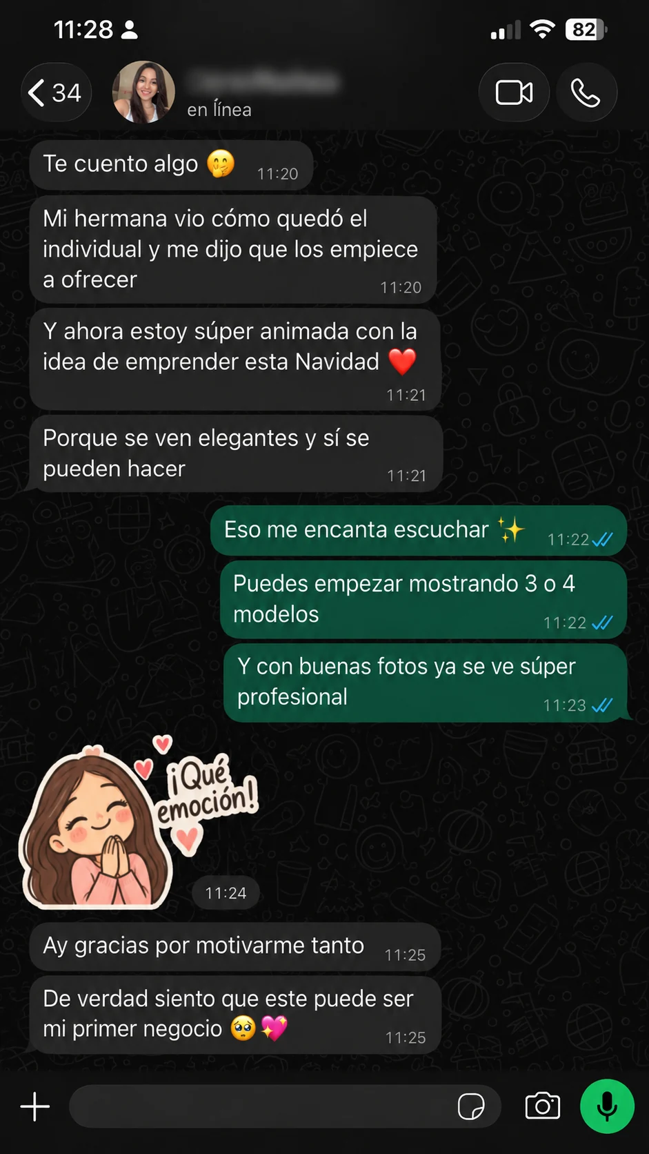 Conversación de WhatsApp de una artesana que vende sus piezas · Testimonio 6