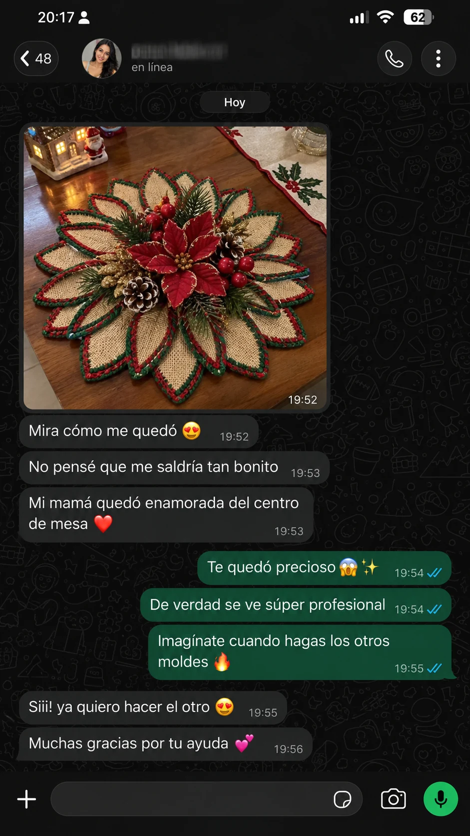 Conversación de WhatsApp de una artesana que vende sus piezas · Testimonio 1