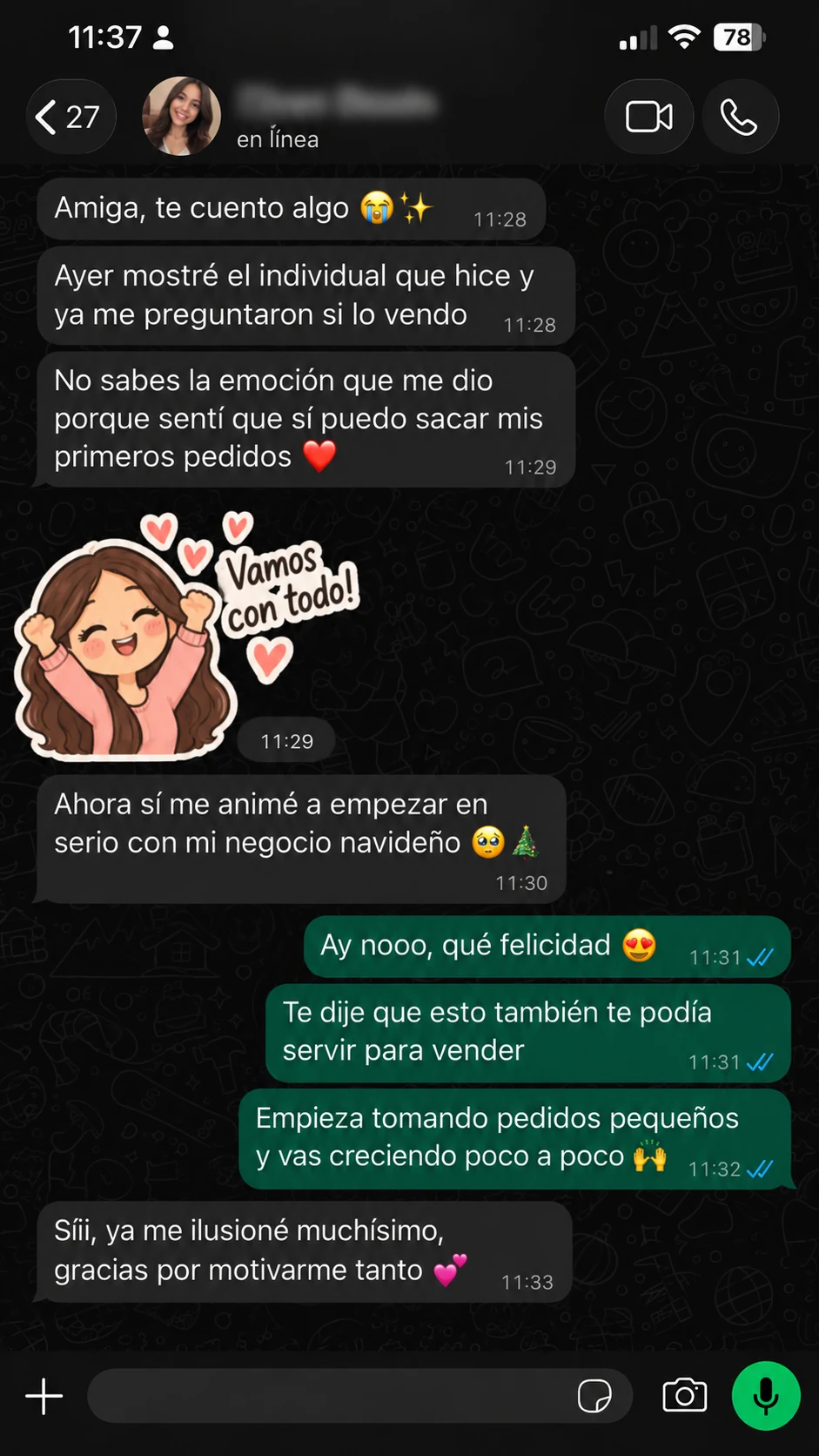 Conversación de WhatsApp de una artesana que vende sus piezas · Testimonio 5